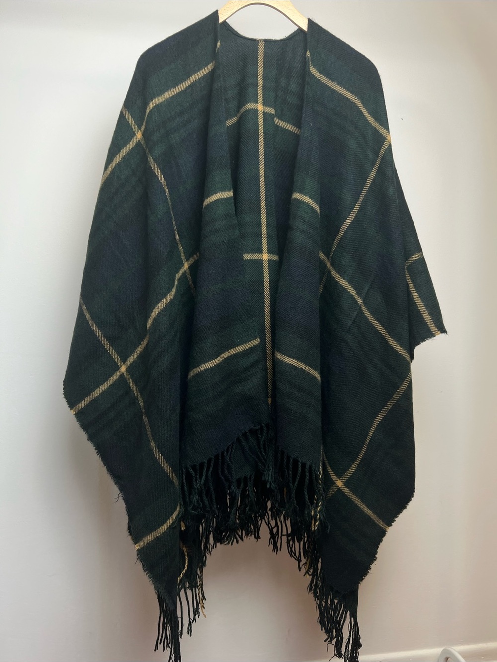 Topshop Plaid Tartan Green Fringe Cape Shawl